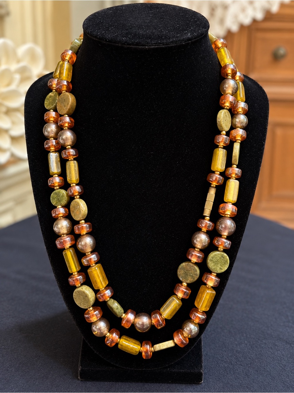 Vintage Multicolor Amber Olive Green Beaded Statement Necklace